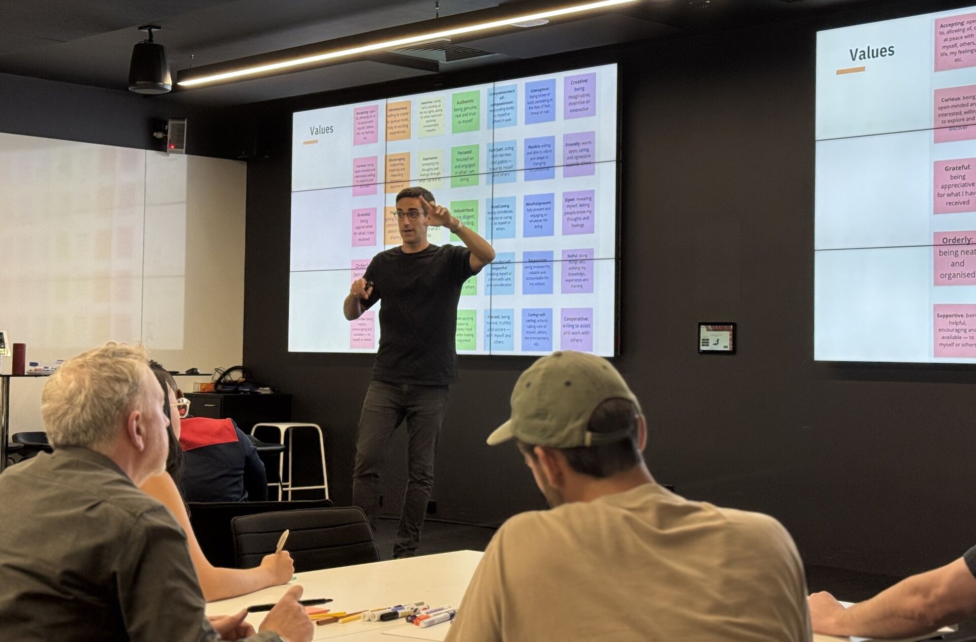 Byron McCaughey leading a values workshop, presenting in front of screens of values cards to a room of participants